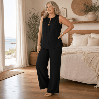 Women's Sleeveless Linen Top with Wide-Leg Tailored Trouser Set