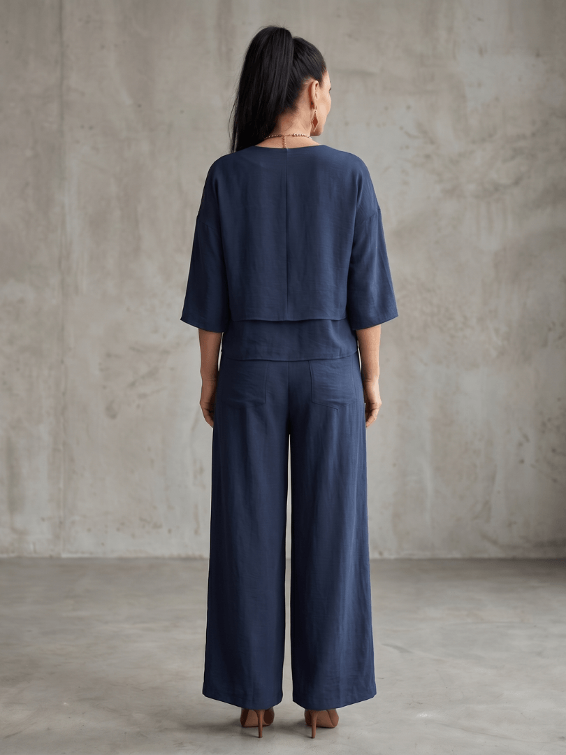 Matching Co-Ord Two-Piece Set with Layered V-Neck Top and Wide-Leg Pants