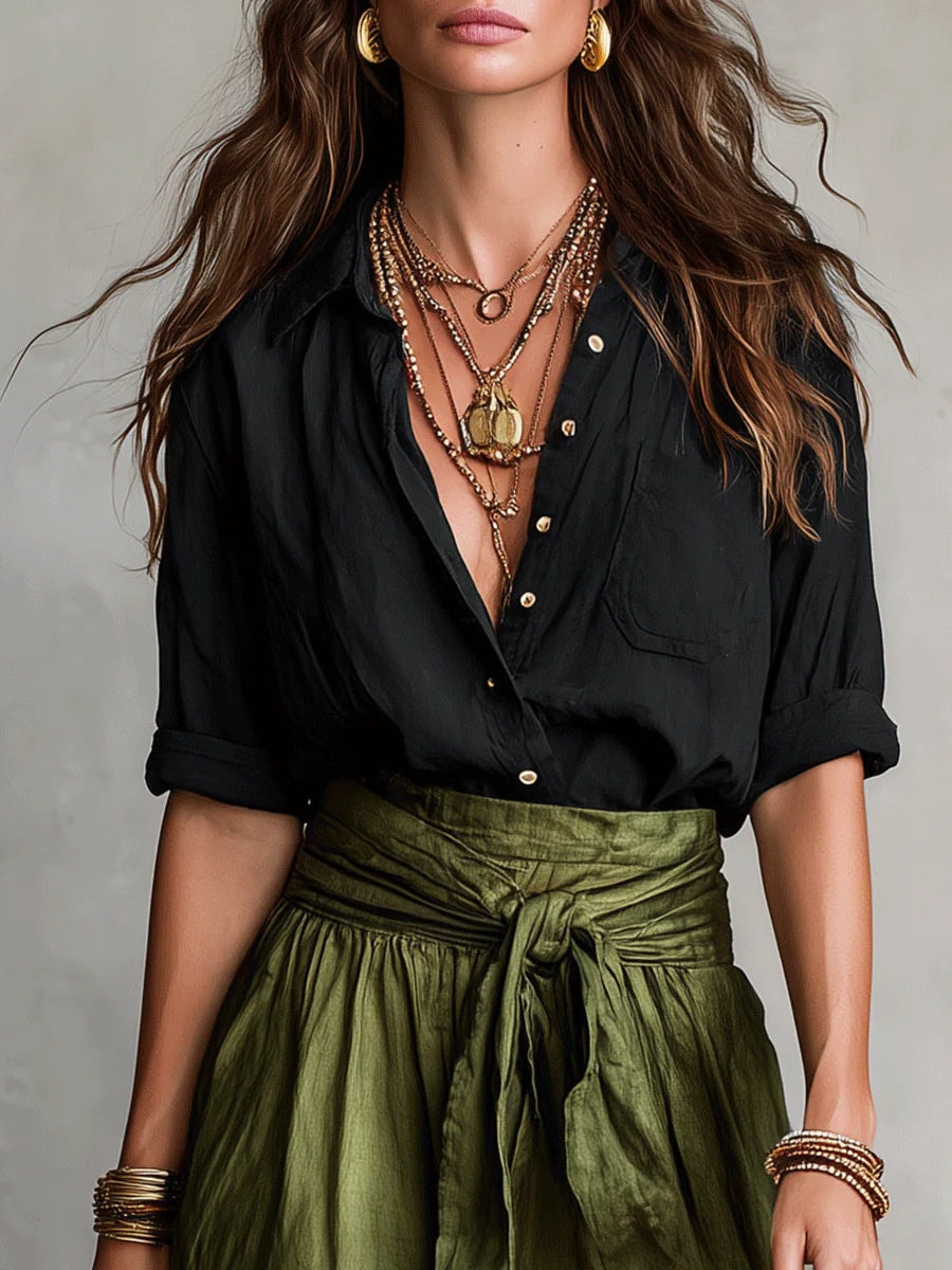 Women's Belted Two-Piece Shirt and Midi Skirt Set