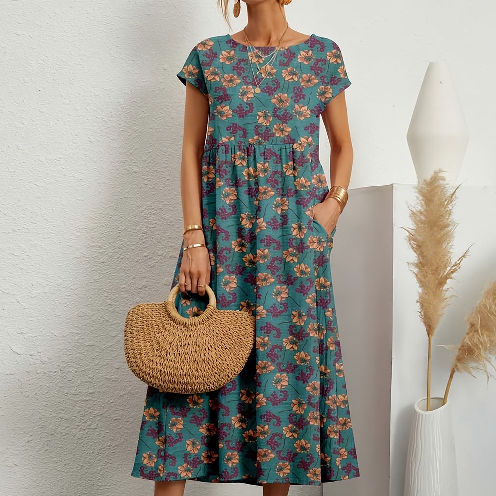 Women's Floral Print A-Line Midi Dress with Short Sleeves
