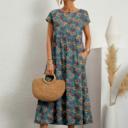 Women's Floral Print A-Line Midi Dress with Short Sleeves