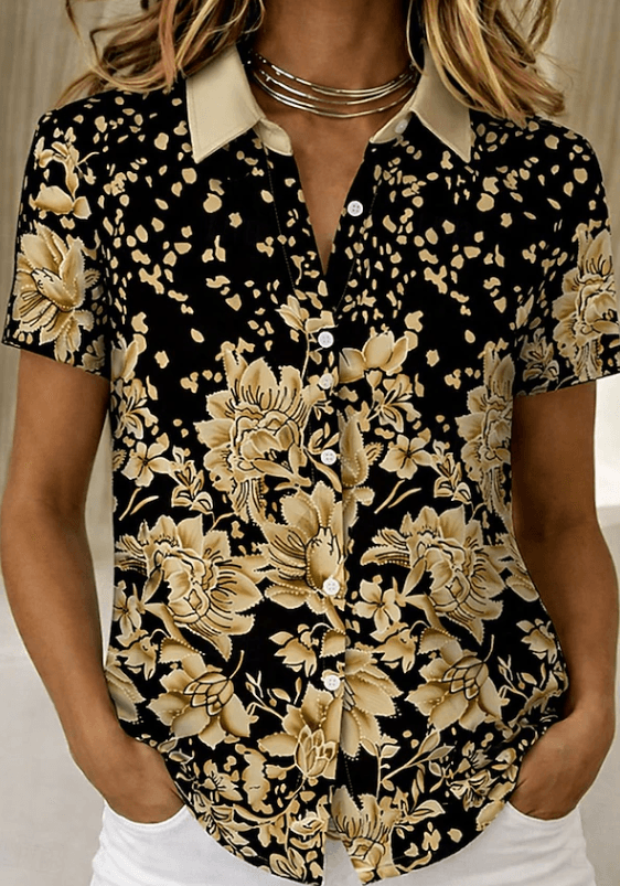 Collared Floral Print Short Sleeve Button-Up Top for Summer
