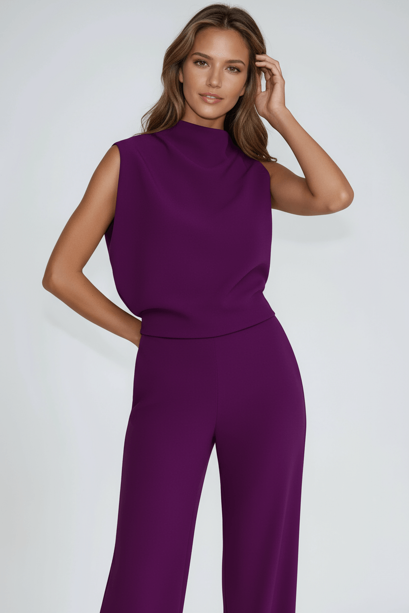 Sleeveless Mock Neck Wide-Leg Jumpsuit with Draped Top and Side Pockets