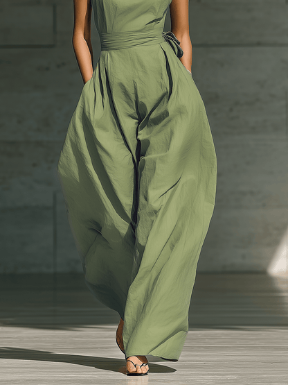 One-Shoulder Wide-Leg Linen Jumpsuit with Tie Detail for Women