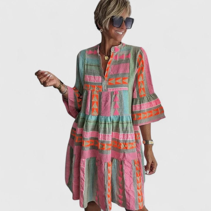 Gisara Boho Tiered Swing Midi Dress with Bell Sleeves and Geometric Print