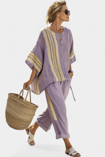 Matching Two-Piece Set with Oversized Striped Linen Top and Wide-Leg Pants