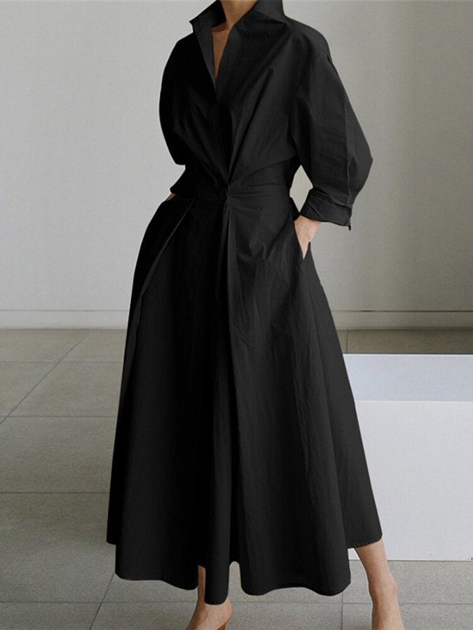Sofia Collared A-Line Midi Dress with Pockets and 3/4 Sleeves