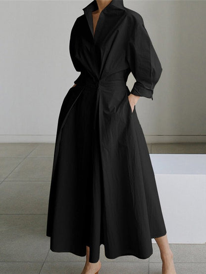 Sofia Collared A-Line Midi Dress with Pockets and 3/4 Sleeves