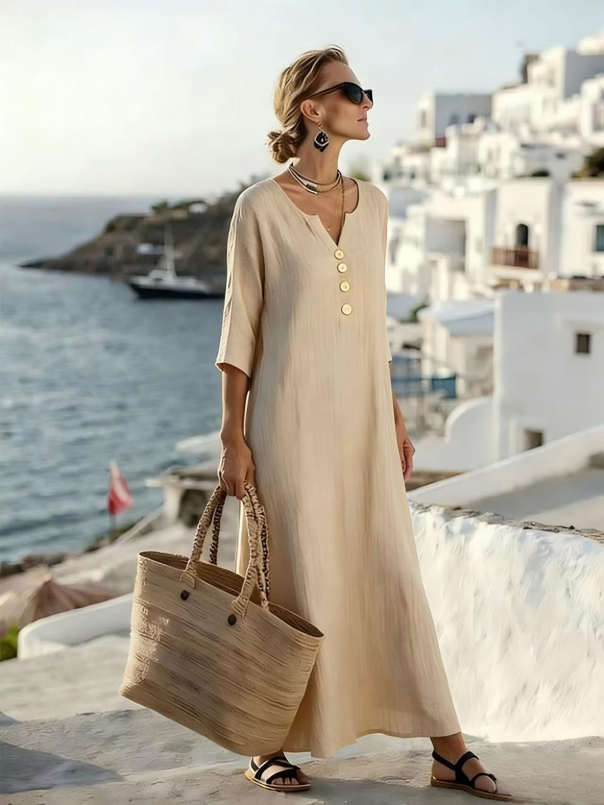 Veltara Linen Summer Maxi Dress with 3/4 Sleeves and Button Placket