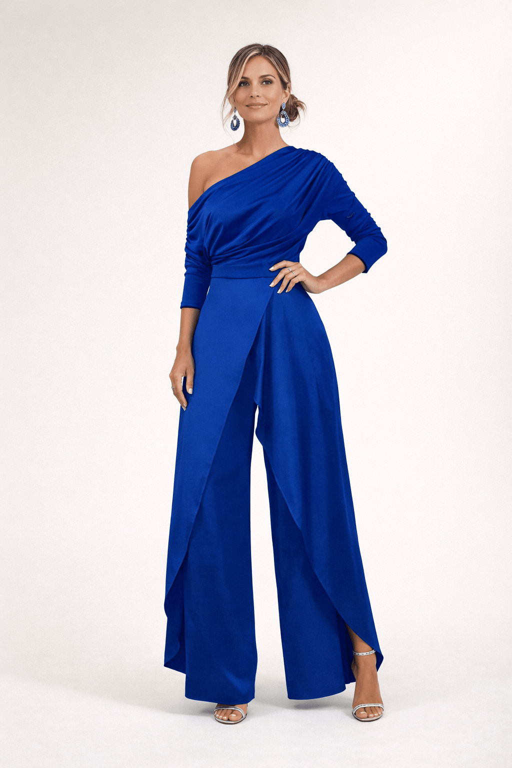 One-Shoulder Wrap-Front Wide-Leg Jumpsuit with Split Skirt Overlay