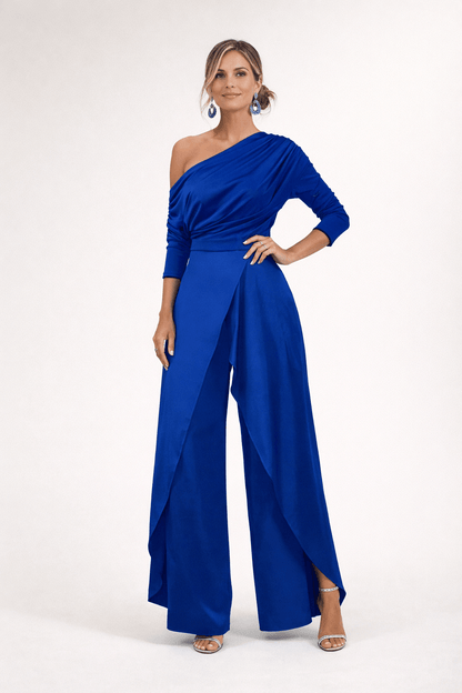 One-Shoulder Wrap-Front Wide-Leg Jumpsuit with Split Skirt Overlay
