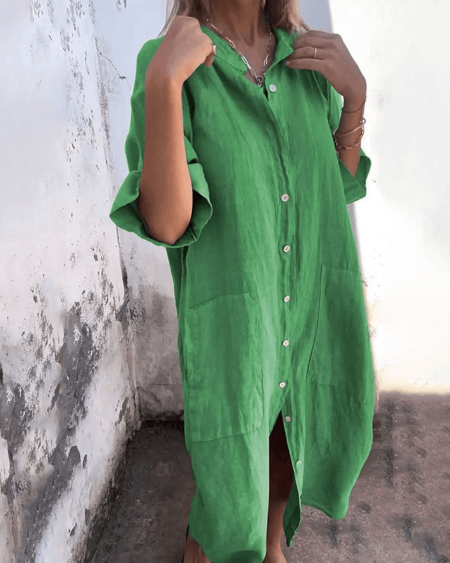 Valerie Button-Up Summer Midi Shirt Dress with Half Sleeves and Patch Pockets