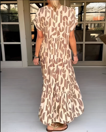 Colette Loose Short-Sleeve V-Neck Maxi Dress with Geometric Print and Tiered Hem