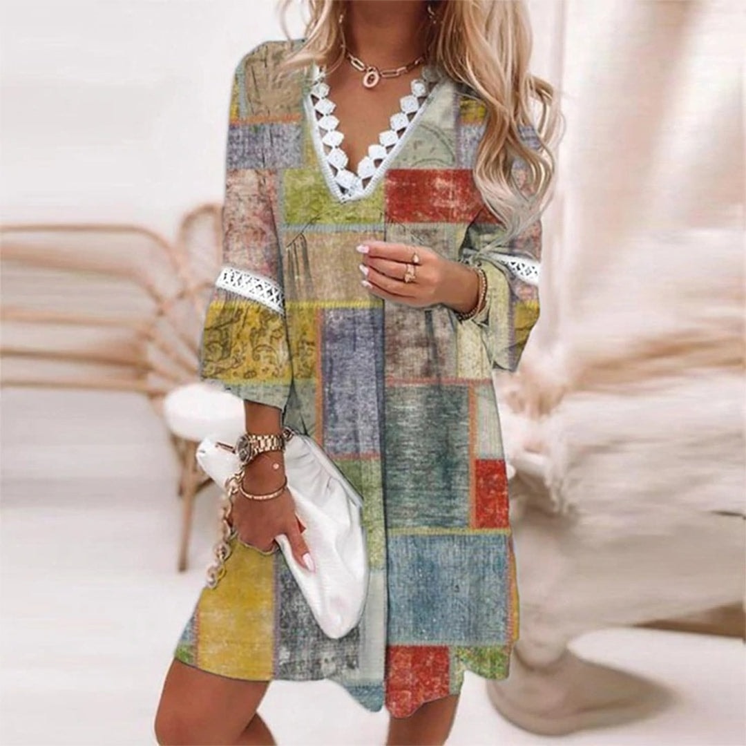 Women's Paisley Print Midi Dress with Crochet Trim and Bell Sleeves
