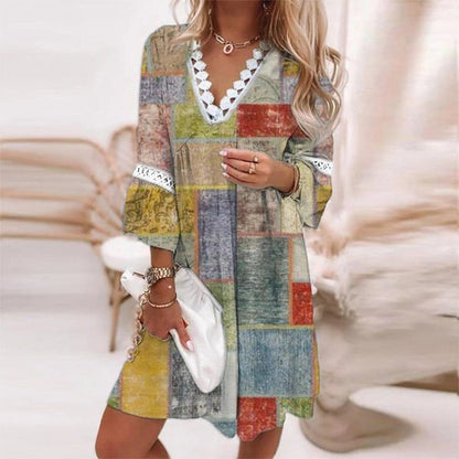 Women's Paisley Print Midi Dress with Crochet Trim and Bell Sleeves