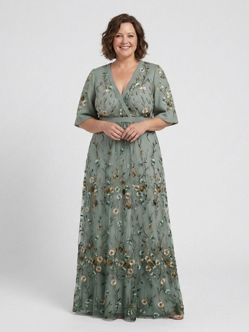 Floral Embroidered Wrap Maxi Summer Dress with Flutter Sleeves for Women