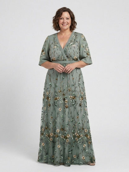 Floral Embroidered Wrap Maxi Summer Dress with Flutter Sleeves for Women