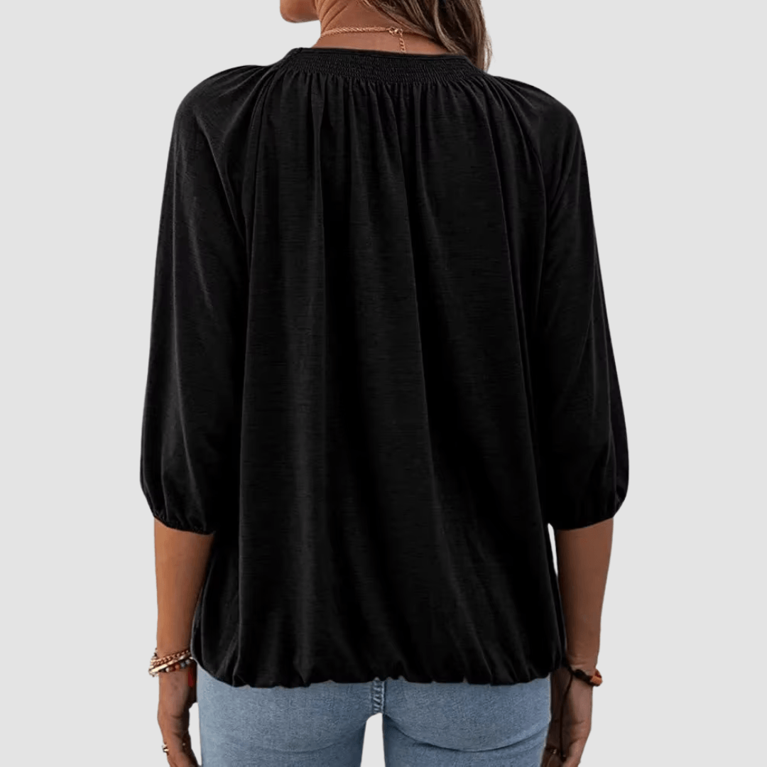 Women's Loose-Fit Shirred Neck Top with Balloon Sleeves
