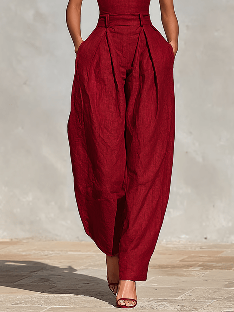 Women's Wide-Leg Linen-Blend Jumpsuit with Deep V Neckline