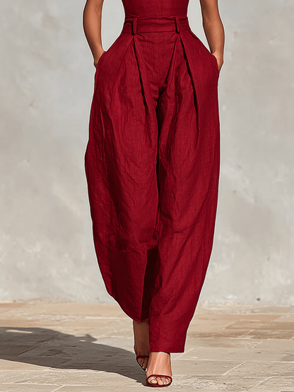 Women's Wide-Leg Linen-Blend Jumpsuit with Deep V Neckline