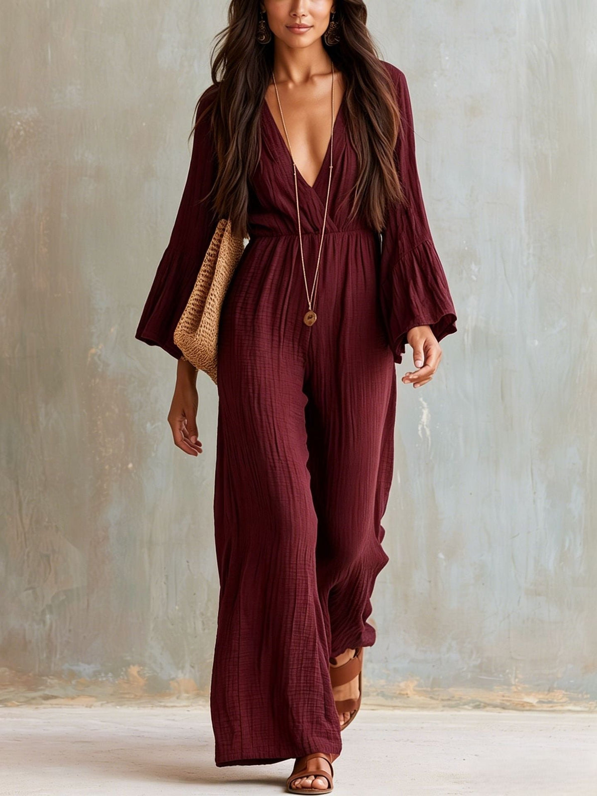 Women's Linen V-Neck Wide-Leg Jumpsuit with Bell Sleeves
