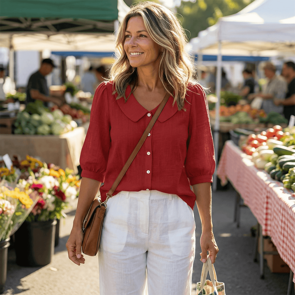 Peter Pan Collar Button-Up Top with Puff Sleeves for Women