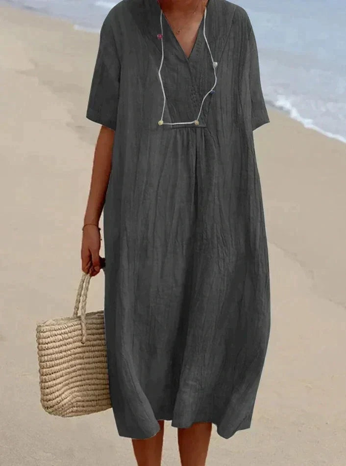 Women's Cotton Linen V-Neck Summer Midi Dress with Side Pockets