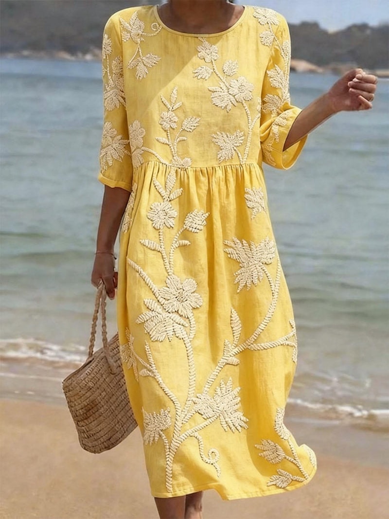 Floral Embroidered Three-Quarter Sleeve Midi Dress for Women