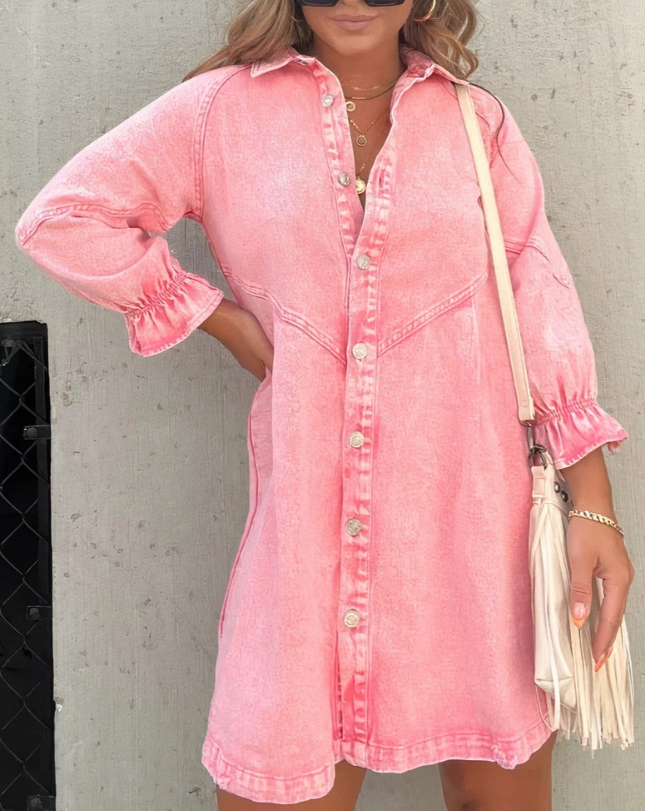 Daniela Denim Button-Down Ruffle-Sleeve Mini Shirt Dress for Women