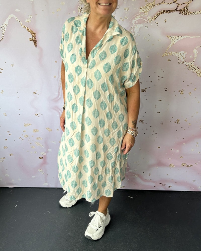 Eleanora Loose Printed Short-Sleeve Midi Shirt Dress with Lapel Collar