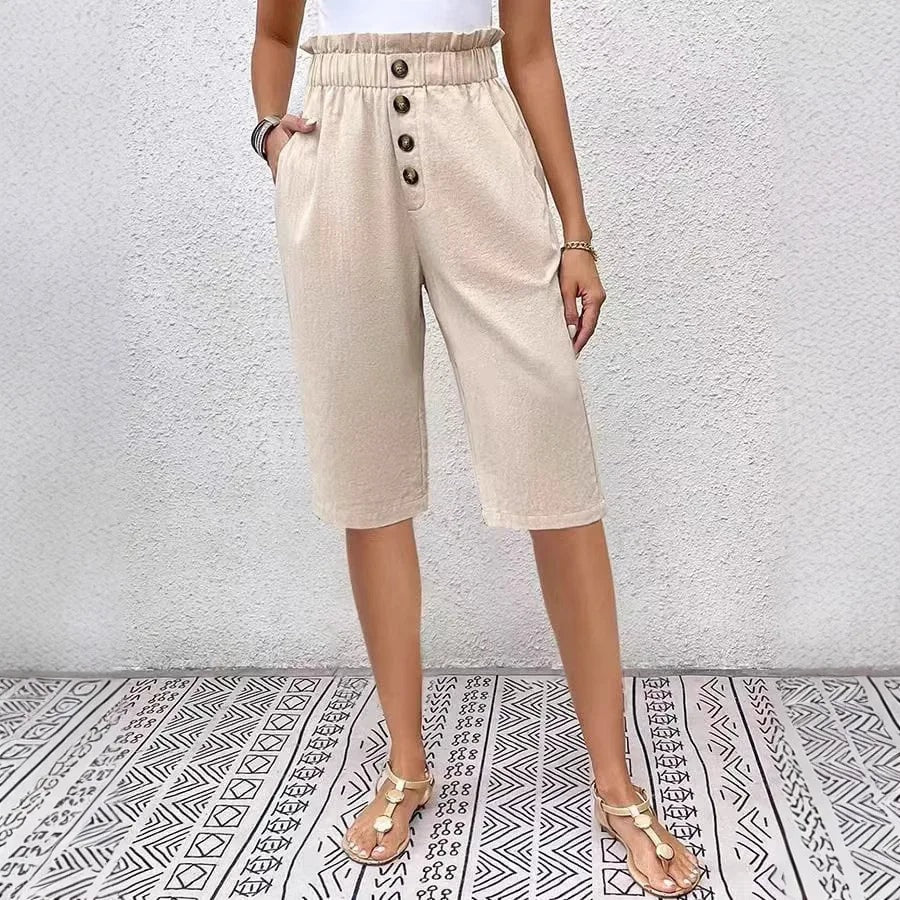 Éloane Paperbag-Waist Button-Front Linen-Cotton Bermuda Shorts
