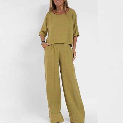 Hannah Young Linen-Blend Two-Piece Top and Wide-Leg Trouser Set