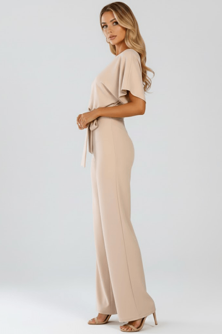 Women's Wide-Leg Linen Jumpsuit with Tie Waist and Belt Detail