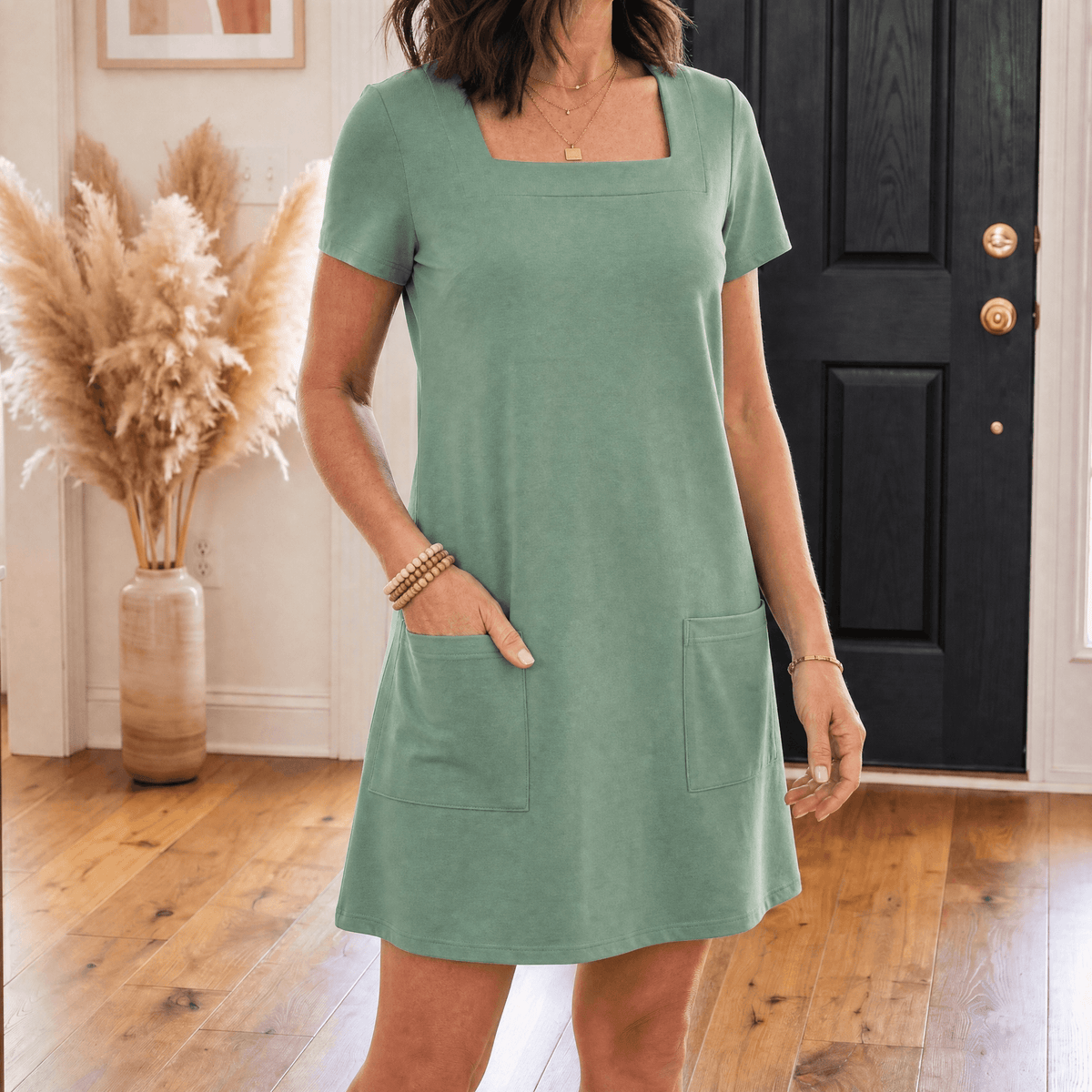 Square-Neck Cotton Blend Women's Midi Dress with Side Pockets