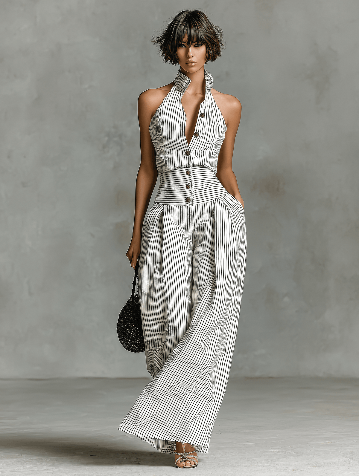Women's Striped Halter-Neck Wide-Leg Linen Blend Jumpsuit