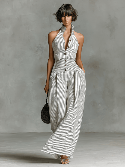 Women's Striped Halter-Neck Wide-Leg Linen Blend Jumpsuit