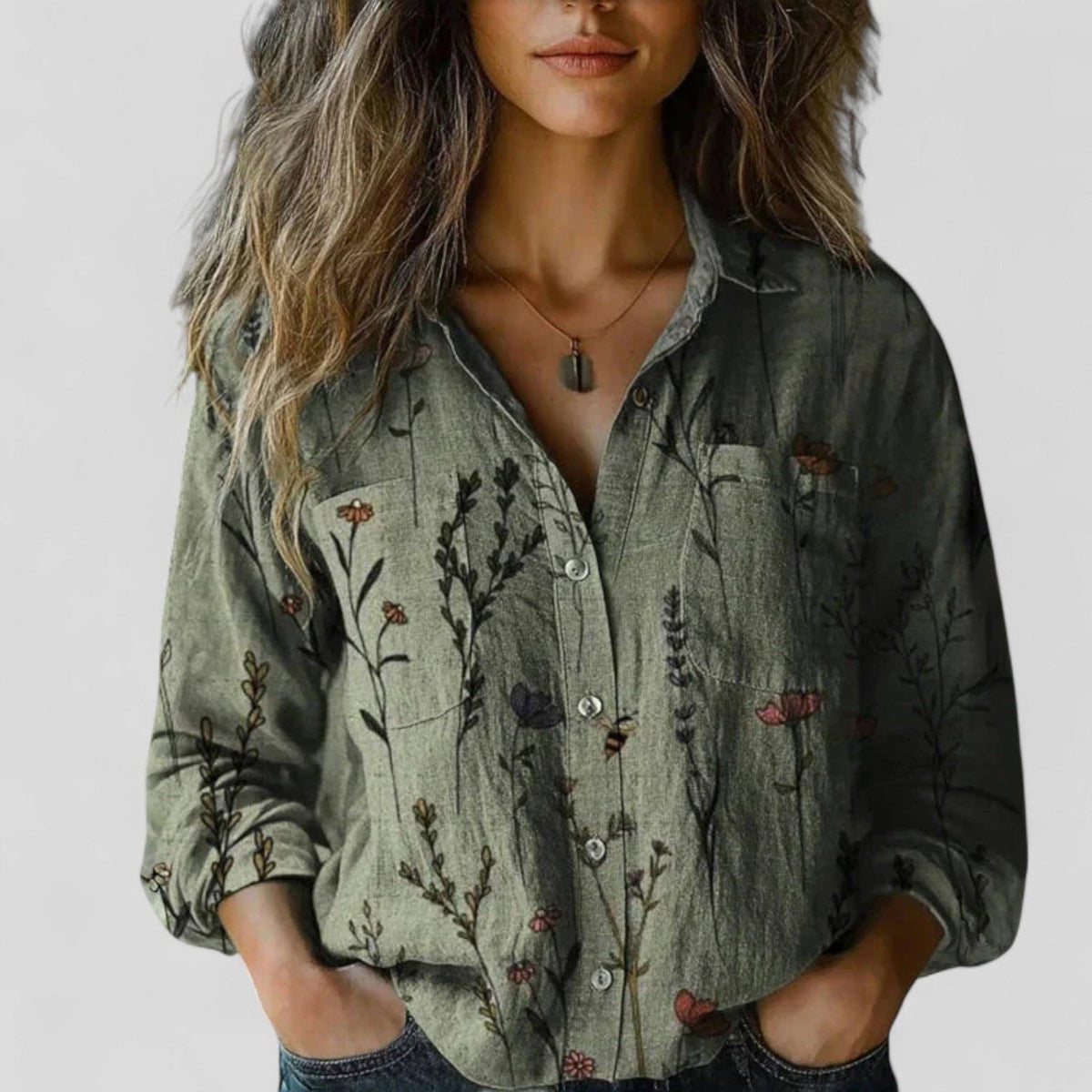 Floral Linen Button-Up Shirt with Chest Pockets and Long Sleeves