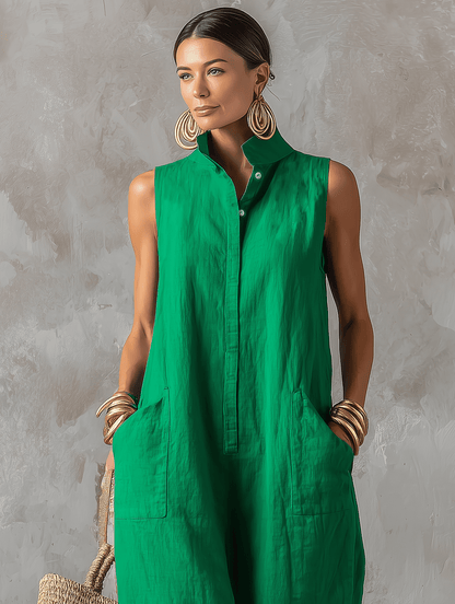 Women's Sleeveless Stand Collar Wide-Leg Linen Jumpsuit