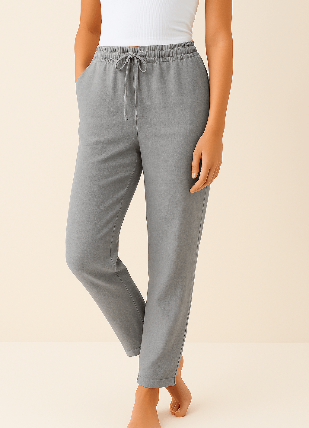 Lightweight Linen Blend Summer Pants with Elastic Drawstring Waist and Pockets
