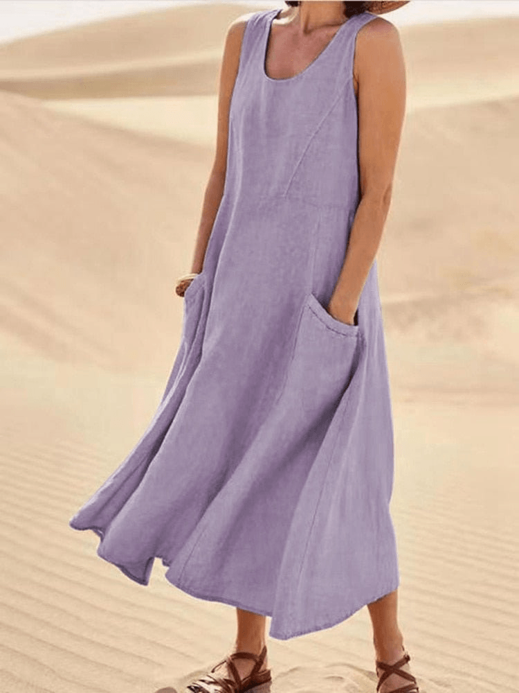 Sleeveless Linen A-Line Midi Summer Dress with Pockets for Women