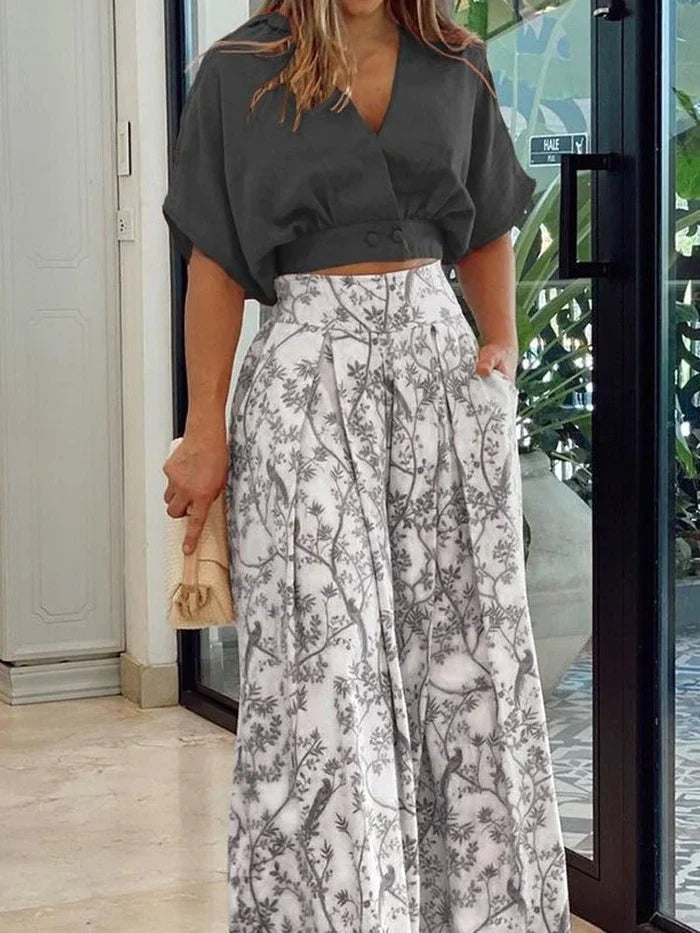 Camille Laurent Floral Wide-Leg Two-Piece Co-Ord Set for Women