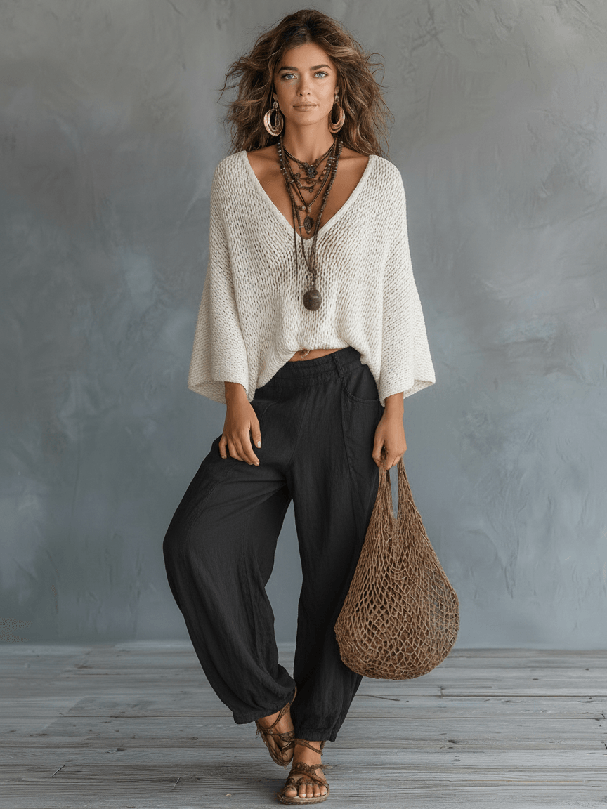 Vyndora Linen Two-Piece Matching Set with Knit V-Neck Top and Wide-Leg Pants