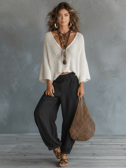 Vyndora Linen Two-Piece Matching Set with Knit V-Neck Top and Wide-Leg Pants