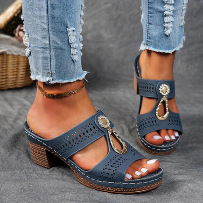 Eliza Winters Rhinestone Flower Cushioned Wedge Sandals