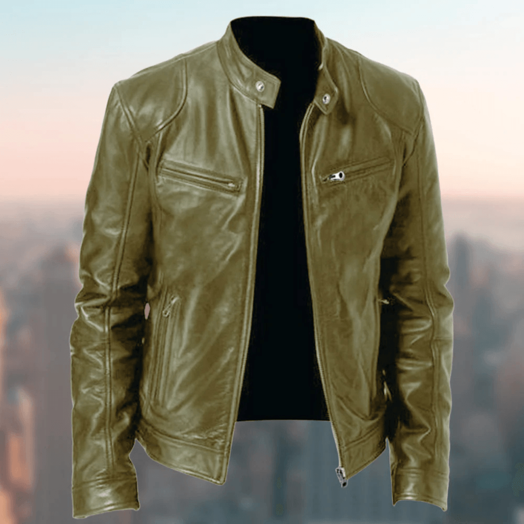 Slim-Fit Leather Moto Men's Jacket with Zippered Front Closure