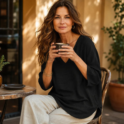 Sereva Women's Relaxed V-Neck Linen Top with Three-Quarter Sleeves