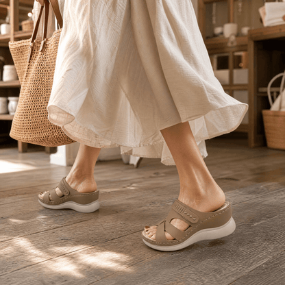 Arch-Support Wedge Slide Sandals with Adjustable Buckle Strap