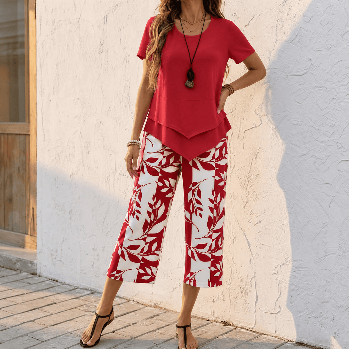 Matching Two-Piece Co-Ord Set with Asymmetric Layered Tunic and Wide-Leg Cropped Pants