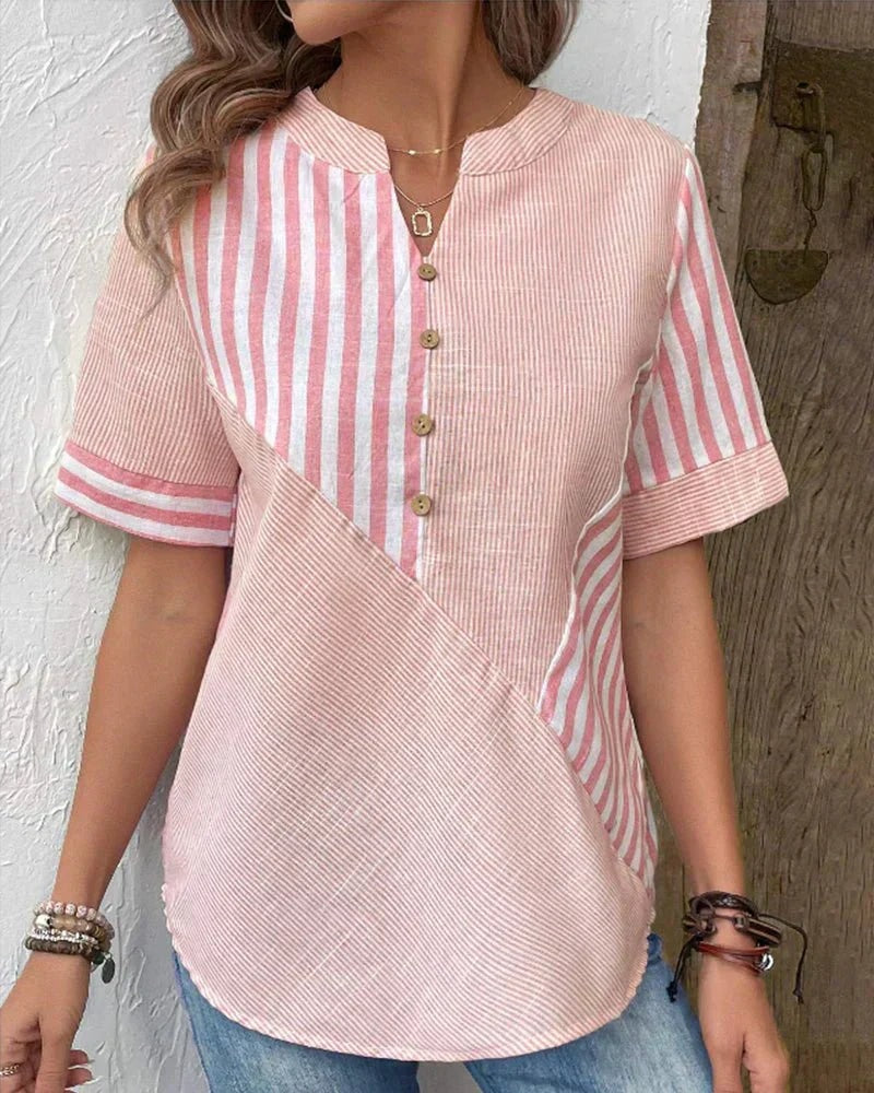 Women's Striped Button-Front Top with Short Sleeves