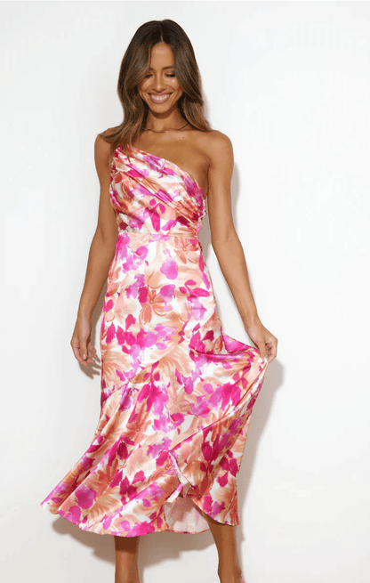 Sophie One-Shoulder Floral Midi Summer Dress in Polyester
